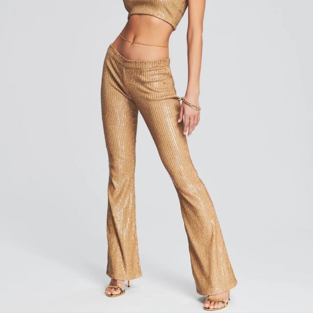 Retrofete Julien Nude Sequin Flare Pants High Rise Bell Bottom Revolve Large L